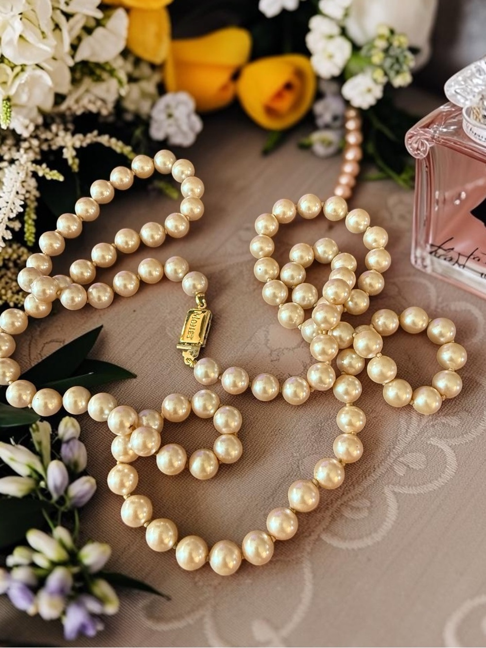 Vintage Monet 34” Faux Pearl Necklace Signed Gold Tone Clasp